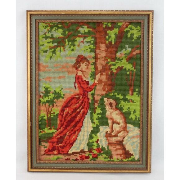 Fragonard The Souvenir Finished Needlepoint Framed French Victorian Lady & Dog - Picture 1 of 10